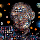 Ilustración en mosaico de Stephen Hawking usando imágenes del espacio y los diferentes planetas. Vector Illustration project by Eladio de Paula - 08.31.2018