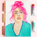 Bubblegum hair, embrodiered shirt. Traditional illustration, Fashion Design, Portrait Illustration, Embroider, and Portrait Drawing project by Angela Hernandez - 05.14.2020