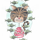 Cat with fishs. Traditional illustration, and Fine Arts project by Flávia Leitão - 06.14.2021