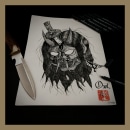 Oni demon's head stabbed with a wakizashi - Blackwork tattoo design. Traditional illustration, Creativit, Drawing, Tattoo Design & Ink Illustration project by João Afonso Almeida - 03.22.2022