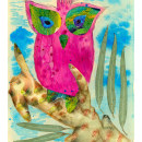 Pink Owl. Un proyecto de Ilustración tradicional, Pintura, Collage, Creatividad, Dibujo, Pintura a la acuarela e Ilustración naturalista				 de Sandra Cartellone - 23.09.2022