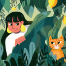 Illustration of a woman in the jungle looking for a little tiger. Un proyecto de Ilustración tradicional de Teresa Ducamin - 12.04.2023