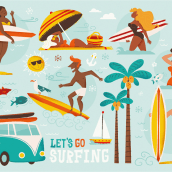 Let´s go surfing. Traditional illustration, and Character Design project by Raquel Jove - 07.27.2015