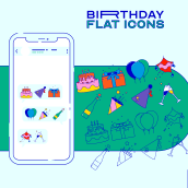Birthday — Flat icons. Direção de arte, Design gráfico, Design de ícones e Ilustração digital projeto de María Marqueses - 26.06.2019