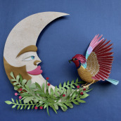 El pájaro copetudo y la Luna. Traditional illustration, Arts, Crafts, Paper Craft, and Creativit project by Gabriela Castellanos - 03.07.2020