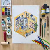 Artist in a Supply Store. Traditional illustration, Screen Printing, Digital Illustration, Printing, and Children's Illustration project by Isabelle Lin - 04.18.2021