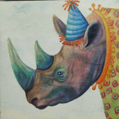 El Rino está de fiesta. Traditional illustration, Painting, Watercolor Painting, and Children's Illustration project by Carolina Correa - 04.24.2021