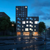 Copenhagen buildings at night. 3D, Digital Architecture, and ArchVIZ project by jaimelo17 - 01.11.2022