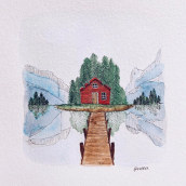 Red Cabin. Ilustração tradicional, e Pintura em aquarela projeto de Eve Fox - 13.02.2022