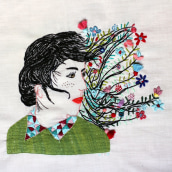 Un jardín en mi pelo. Design, Traditional illustration, and Embroider project by Raquel Ezquerro (Lanusa) - 02.22.2022