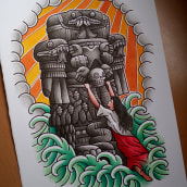 Coyolxauhqui - Acuarela y tinta sobre papel. Un proyecto de Ilustración tradicional, Pintura a la acuarela y Diseño de tatuajes de Fernando Aponte - 21.03.2022