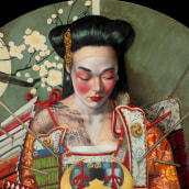 Geisha Samurai Beautiful Bizarre Art Prize Finalist 2022. Traditional illustration, Fine Arts, and Oil Painting project by Fernando Vicente - 08.31.2022