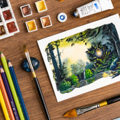 My project for course: Fantasy Landscapes with Watercolor & Gouache. Fine Arts, Painting, Watercolor Painting, Naturalistic Illustration, and Gouache Painting project by Ruth Wilshaw - 11.18.2022