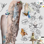 Tatuaje complementario de rosas, pixies y libélula. Design, Traditional illustration, and Tattoo Design project by Nuria Sónica - 04.05.2023