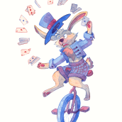 juggling rabbit - course: Imaginative Character Illustration with Watercolor. Un proyecto de Diseño de personajes, Pintura, Dibujo, Pintura a la acuarela e Ilustración infantil de Joanna Wawruch - 11.04.2023