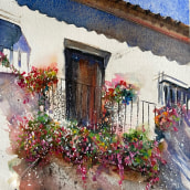 Andalusian balcony study ahead of one of my watercolour journalling retreats! . Un proyecto de Pintura a la acuarela de Sarah Stokes - 19.05.2023