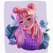 Mi proyecto del curso: Chica de moños rosas . Un proyecto de Diseño de personajes, Ilustración digital, Ilustración de retrato, Dibujo digital y Pintura digital de Eva - 02.07.2023