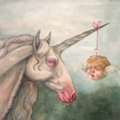 Unicornio meets cherub. Traditional illustration, Fine Arts, Watercolor Painting, and Editorial Illustration project by Sarah Medina Rojas - 09.20.2023