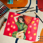 chica kimono verde. Traditional illustration, Painting, Watercolor Painting, and Photographic Composition project by Ivette C Valdivia Gomez - 10.20.2023