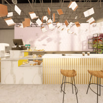 Mi Proyecto del curso: CAFÉ LITERARIO. Un proyecto de Diseño, 3D, Arquitectura, Cocina, Arquitectura interior, Diseño de interiores y Arquitectura digital de Luciana Rodríguez - 20.08.2019