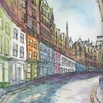 Victoria Street - Edinburgh in Covid times - watercolour and ink on A4 cartridge paper. Un progetto di Pittura ad acquerello di Peter Lo - 31.03.2020