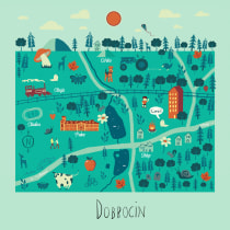 Illustrated map of my home village - Dobrocin. Illustration, Infographics, Drawing, Digital illustration, Artistic Drawing, and Digital Painting project by michal.huniewicz.registered - 11.30.2021