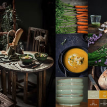 Dark Mood Food Photography: Carrot Soup in my Celadon Bowls. Un proyecto de Fotografía gastronómica, Fotografía para Instagram, Artes culinarias, Food St y ling				 de Lucia (Loeloe) Latenstein - 25.01.2022