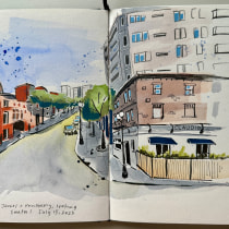 My project for course: Urban Sketching: Create Expressive Cityscapes. Un proyecto de Pintura, Bocetado, Dibujo, Pintura a la acuarela, Sketchbook e Ilustración con tinta de amanda etches - 16.07.2023