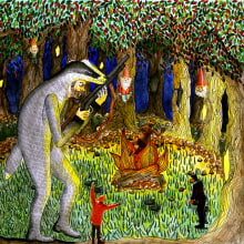 badger man dressed as a fox hunting. Un proyecto de Ilustración tradicional de Penelope Moreno - 07.08.2011