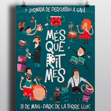 Cartel y camisetas: Festival de percusión "MésQueRitmes". Design e Ilustração tradicional projeto de Héctor Sánchez - 30.11.2013