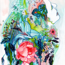 Retrato Patricia con flores pintado en acuarela. Un proyecto de Ilustración tradicional, Bellas Artes y Pintura de Natalia Vallès López - 09.07.2013
