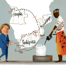 Bachelet en África. Ilustração tradicional projeto de Francisco Crespo - 03.08.2014