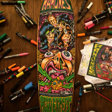 The Ramones - Acid Eaters Longboard. Hey! Oh! Let´s Go!. Traditional illustration, Photograph, Art Direction, Arts, Crafts, Fine Arts, Graphic Design, Packaging, Painting, Screen Printing, Writing, Calligraph, Comic, Sound Design, Street Art, and Paper Craft project by Diego Jimenez - 02.01.2017