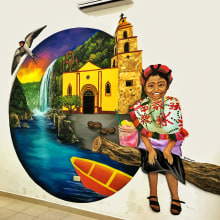 Mural Aquismon SLP. Traditional illustration, Fine Arts, L, scape Architecture, Painting, and Street Art project by Héctor Armando Domínguez Rodríguez - 06.28.2017