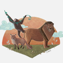 Mono, león y zorro. Ilustración digital con lápices de colores. Ilustração tradicional projeto de Miryam Pérez - 21.03.2018