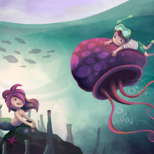 Mermaid and kid playing with a jellyfish. Un proyecto de Ilustración tradicional de Evelt Yanait - 02.03.2018