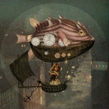 Viaje en pez globo.. Ilustração tradicional, Colagem e Ilustração digital projeto de Vanesa Campanón Herrera - 22.06.2018
