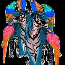 Tigers and parrots. Design, Traditional illustration, Fine Arts, Graphic Design, Painting, Street Art, Sketching, Creativit, Drawing, and Digital Illustration project by Isa - 11.17.2018