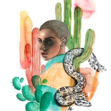 Mi Proyecto del curso: Cactus girl. Ilustração digital, Pintura em aquarela, Ilustração de retrato, Desenho de retrato, e Desenho realista projeto de Marina Labella - 11.09.2019