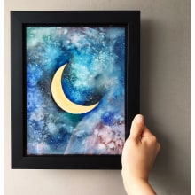 Galaxia con luna. Artes plásticas, e Pintura em aquarela projeto de Dalila Vainer - 08.11.2019
