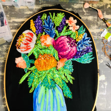 Mi Proyecto del curso: Composición floral con acrílico y bordado. Embroider, Acr, and lic Painting project by Lelia Morfin - 03.14.2020
