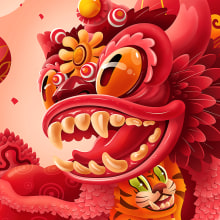 Lion Dance. Ilustração tradicional, Ilustração vetorial e Ilustração digital projeto de Lingjiang Liang - 30.04.2020