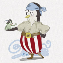 Pungüino pirata que habla con las ranas. Desenho digital projeto de Mónica de la Torre - 16.06.2020