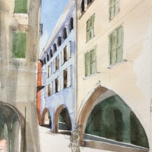 "Man strolling in Dogliani High Street" . Architecture, Sketching, Watercolor Painting, and Architectural Illustration project by Sara Dryburgh - 10.13.2020