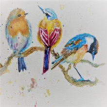 Songbirds on branch by LeslieMy project in Artistic Watercolor Techniques for Illustrating Birds course. Un proyecto de Pintura a la acuarela de leslie.lawrence - 24.01.2021