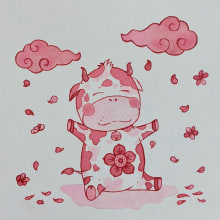 Happy Year of the Ox (CNY 2021) - Monochromatic Exercise. Un progetto di Illustrazione tradizionale, Pittura ad acquerello e Illustrazione infantile di Cas Thomson - 13.02.2021