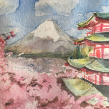 Tranquilidad del monte Fuji. Un progetto di Pittura ad acquerello e Illustrazione naturalistica di Nikos Chalavazis - 17.04.2021