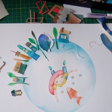 Técnica Mixta: acuarela - collage. Colagem, e Pintura em aquarela projeto de Carola Esquivel - 24.04.2021