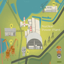 Chernobyl y la zona de exclusión. Mapa informativo. Un proyecto de Ilustración tradicional, Infografía, Ilustración digital e Ilustración arquitectónica de Dani Maiz - 03.05.2021