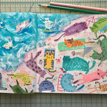 Cats on Beach-Pictorial Sketchbook with Gouache. Ilustração tradicional, Esboçado, Desenho, Ilustração arquitetônica, Sketchbook, e Pintura guache projeto de Min Lee - 11.06.2021
